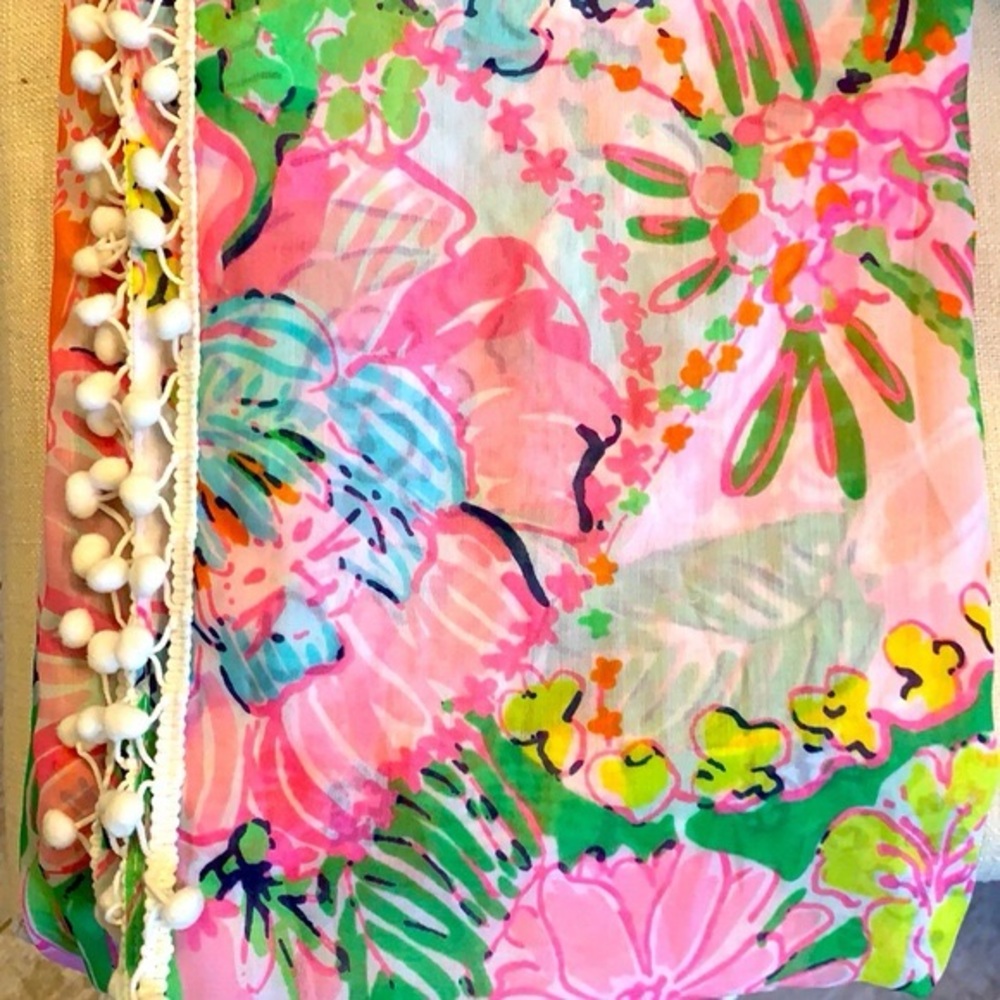 Lilly Pulitzer Multicolor Floral Scarf with Pom Pom Trim